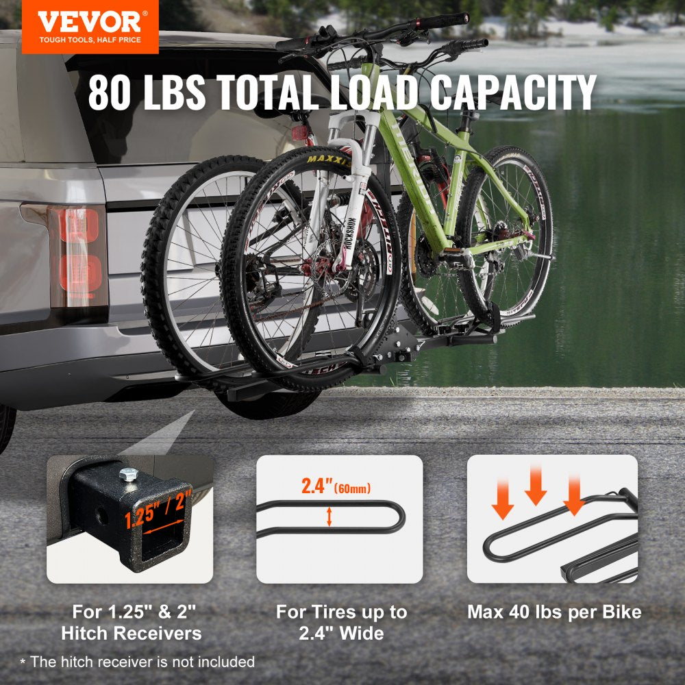 VEVOR Hitch Mount Bike Rack, 2-Bike Platform Style, 80 LBS Max Capacity Bike Rack Hitch for 1.25-/2-inch Receiver, Titling and Folding Bike Carrier with Tires up to 2.4" Wide, for Car, SUV, Truck, RV