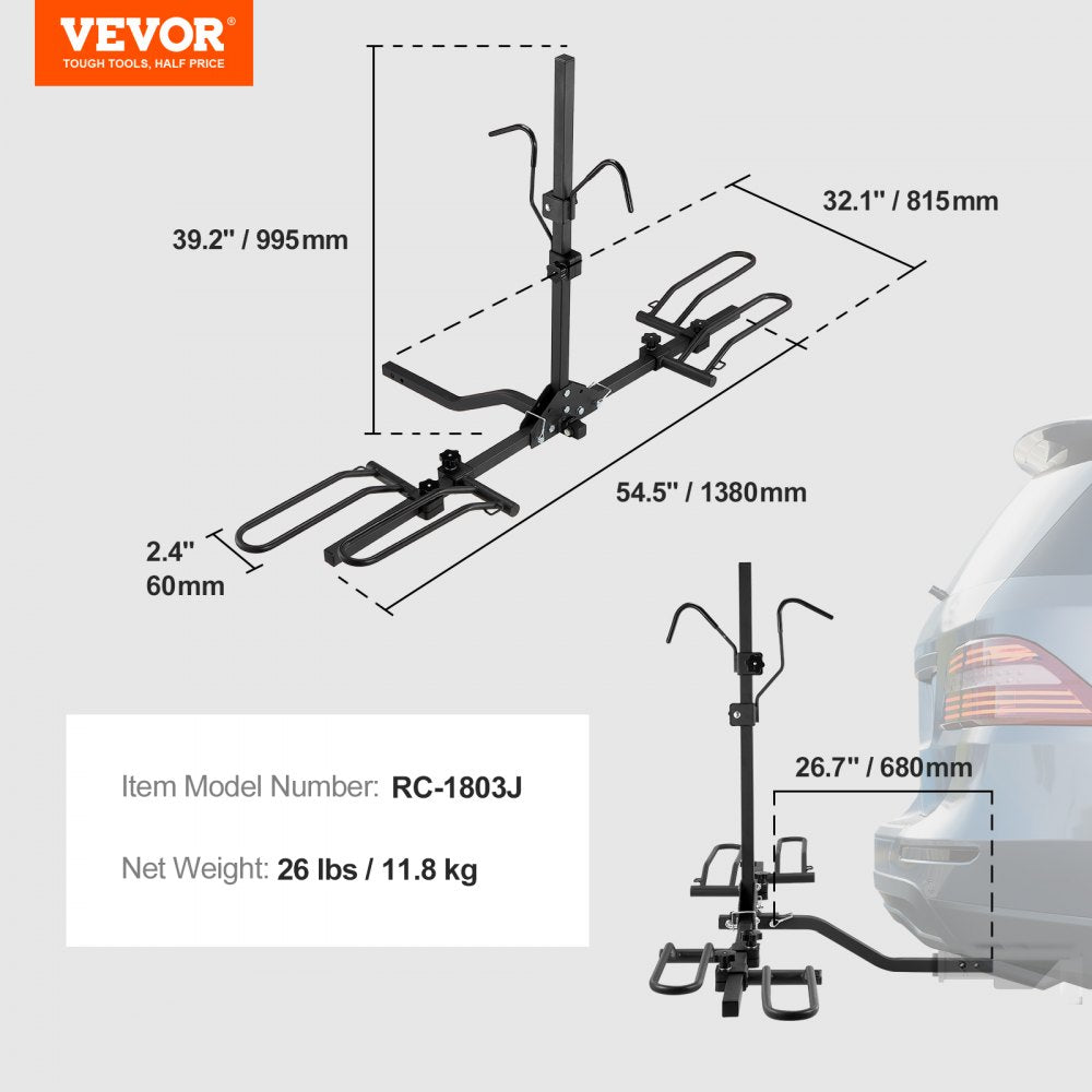 VEVOR Hitch Mount Bike Rack, 2-Bike Platform Style, 80 LBS Max Capacity Bike Rack Hitch for 1.25-/2-inch Receiver, Titling and Folding Bike Carrier with Tires up to 2.4" Wide, for Car, SUV, Truck, RV