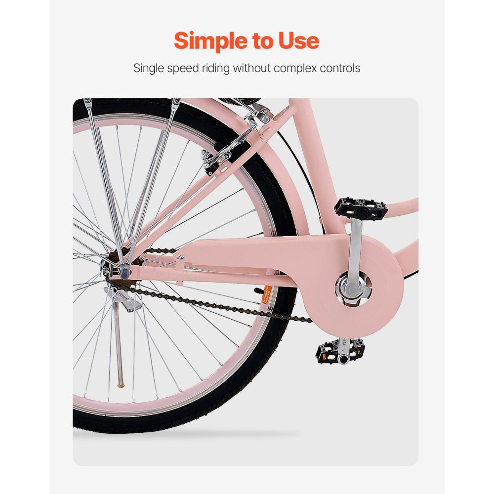 VEVOR Cruiser Bike, 1-Speed, 26-Inch Pink Beach Cruiser Bike with Large Capacity Basket and Rear Rack, Secure & Sturdy Cruiser Bike with Adjustable Seat, Fits for Cycling, Exercise & Shopping