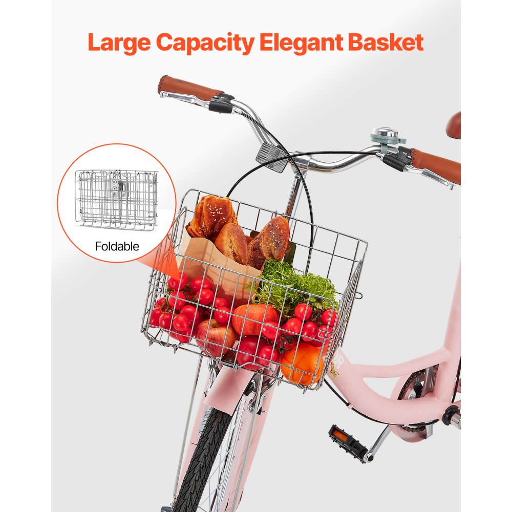 VEVOR Cruiser Bike, 1-Speed, 26-Inch Pink Beach Cruiser Bike with Large Capacity Basket and Rear Rack, Secure & Sturdy Cruiser Bike with Adjustable Seat, Fits for Cycling, Exercise & Shopping