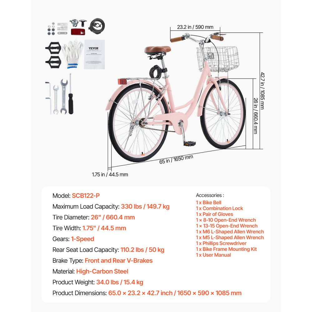 VEVOR Cruiser Bike, 1-Speed, 26-Inch Pink Beach Cruiser Bike with Large Capacity Basket and Rear Rack, Secure & Sturdy Cruiser Bike with Adjustable Seat, Fits for Cycling, Exercise & Shopping
