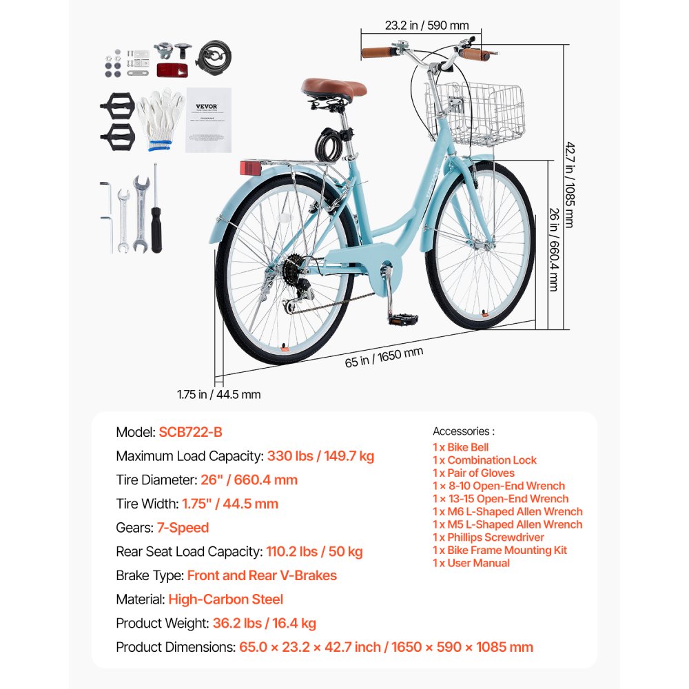 VEVOR Cruiser Bike, 7-Speed, 26-Inch Light Blue Beach Cruiser Bike with Large Capacity Basket and Rear Rack, Secure & Sturdy Cruiser Bike with Adjustable Seat, Fits for Cycling, Exercise & Shopping
