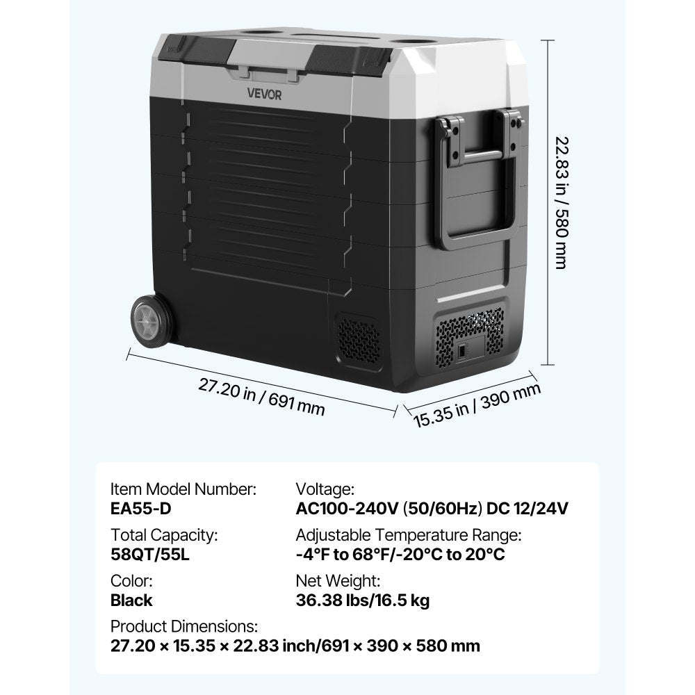 VEVOR Car Refrigerator, DC 12/24V AC100-240V Compressor Electric Cooler, -4°F to 68°F Truck Refrigerator with APP Control, Wheels & Dual Zone, 58 QT Cars Cooler for RVs, Boats, Camping, Fishing