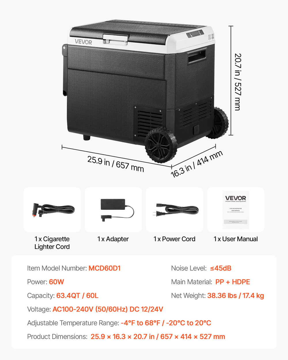 VEVOR car refrigerator dimensions and included accessories layout