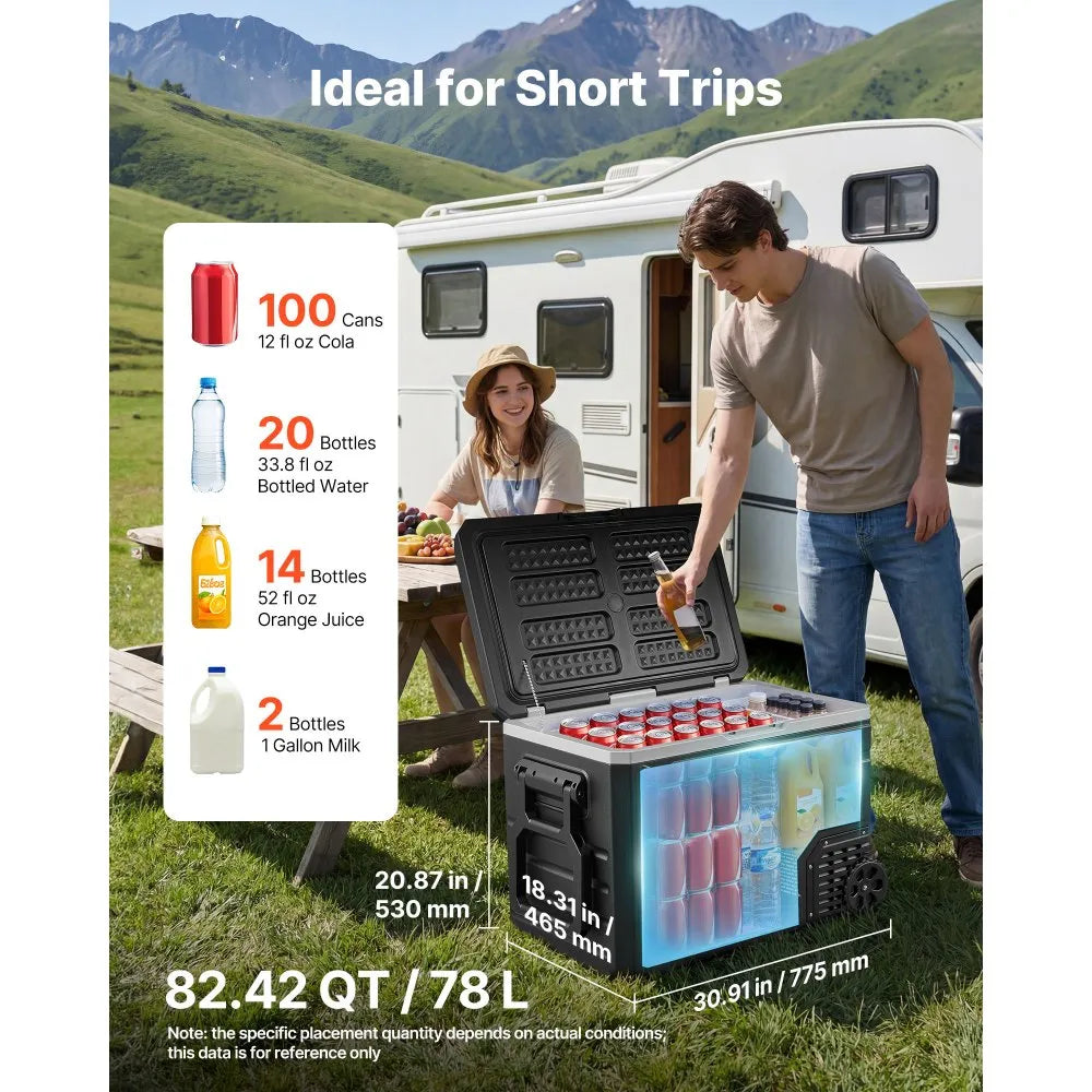 VEVOR 12 Volt Refrigerator, 82.4 QT/ 78L Car Fridge, Portable Electric Freezer Compressor with Handle, APP Control and Wheel, 12V/24V DC 100-240V AC, -4℉ to 68℉, for Truck Van RV SUV Travel Camping