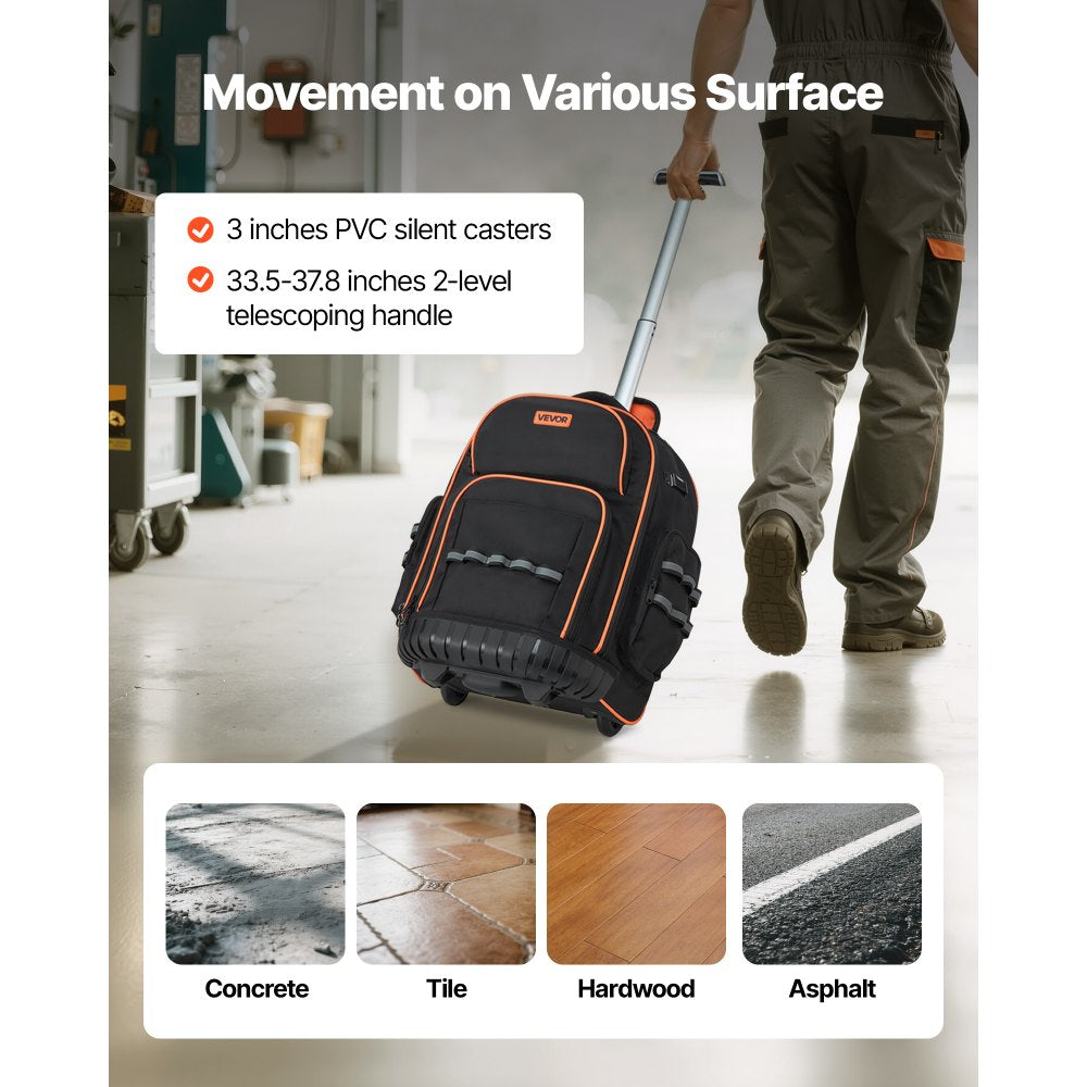 VEVOR Rolling Tool Backpack, 110 lbs Load Capacity, 45 Pockets Heavy Duty Roller Tool Bag on Wheels, Adjustable Telescoping Handle & Stable Base, Toolbag Organizers for Construction, Mechanic