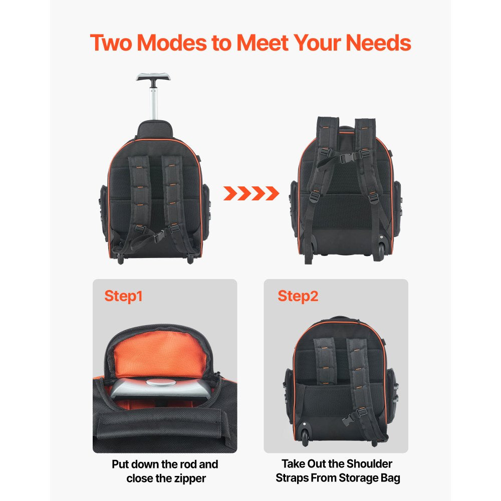 VEVOR Rolling Tool Backpack, 110 lbs Load Capacity, 45 Pockets Heavy Duty Roller Tool Bag on Wheels, Adjustable Telescoping Handle & Stable Base, Toolbag Organizers for Construction, Mechanic