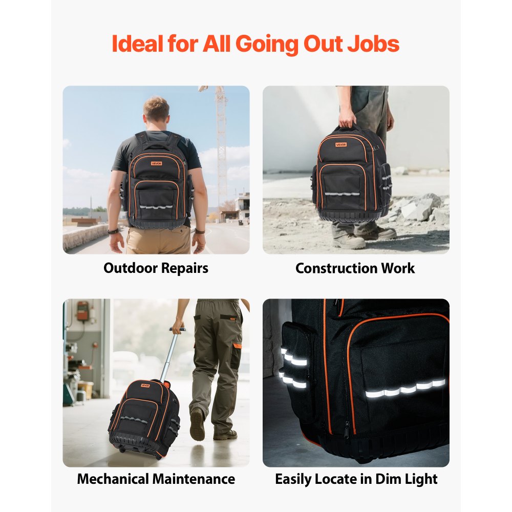 VEVOR Rolling Tool Backpack, 110 lbs Load Capacity, 45 Pockets Heavy Duty Roller Tool Bag on Wheels, Adjustable Telescoping Handle & Stable Base, Toolbag Organizers for Construction, Mechanic