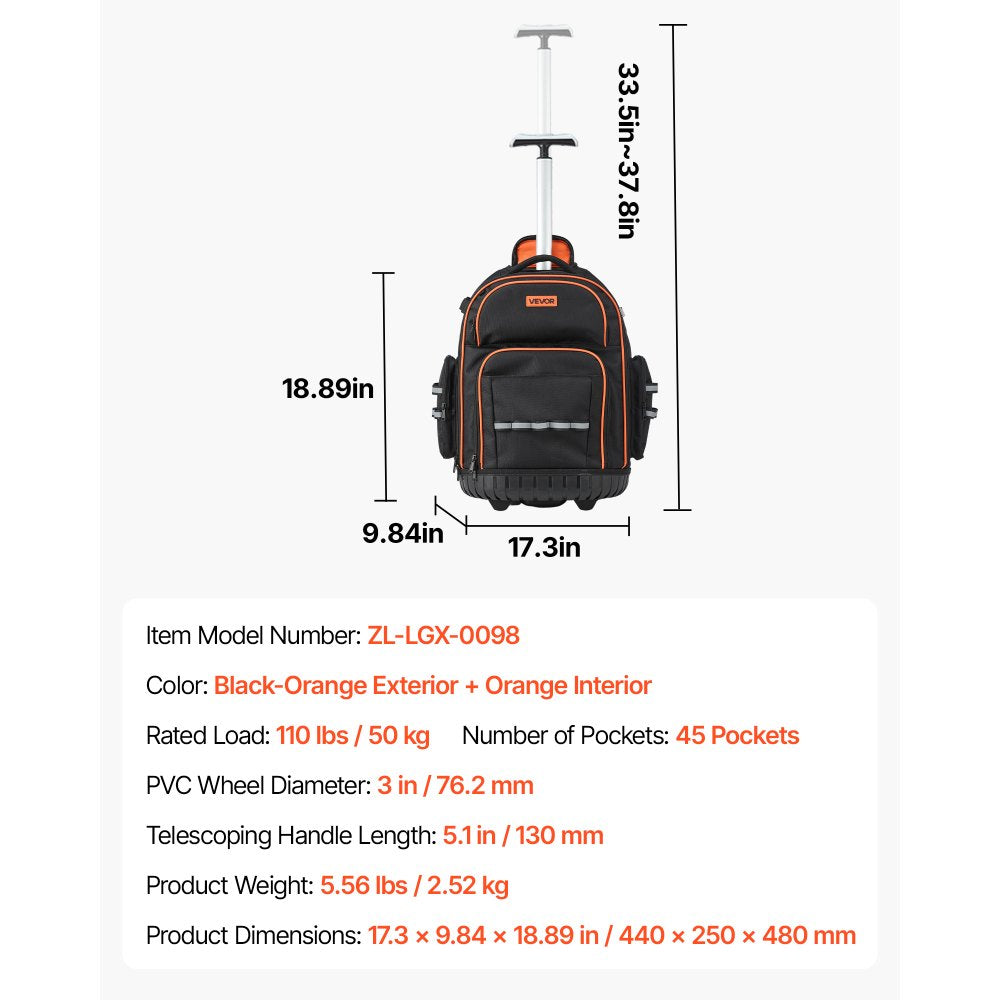VEVOR Rolling Tool Backpack, 110 lbs Load Capacity, 45 Pockets Heavy Duty Roller Tool Bag on Wheels, Adjustable Telescoping Handle & Stable Base, Toolbag Organizers for Construction, Mechanic