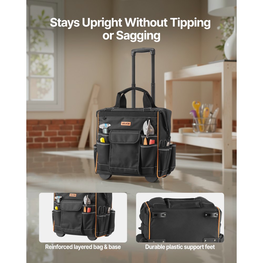 VEVOR Rolling Tool Bag, 110 lbs Load Capacity, 25 Pockets Heavy Duty Roller Tool Bag on Wheels, Adjustable Telescoping Handle & Stable Base, Toolbag Organizers with Wheels for Construction, Mechanic