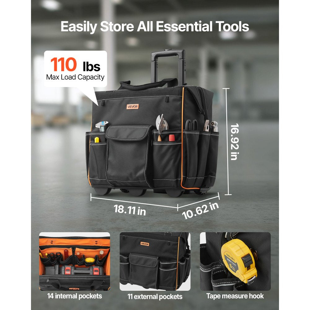 VEVOR Rolling Tool Bag, 110 lbs Load Capacity, 25 Pockets Heavy Duty Roller Tool Bag with Adjustable Telescoping Handle & Stable Base, Toolbag Organizers with Wheels for Electrician, Construction