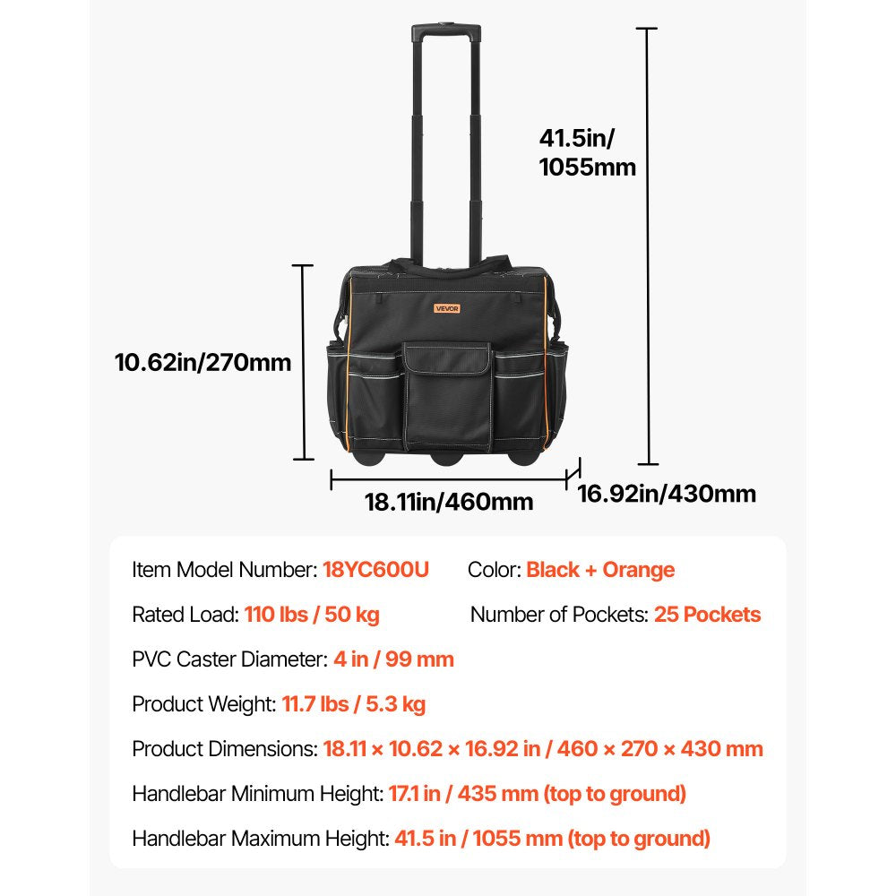 VEVOR Rolling Tool Bag, 110 lbs Load Capacity, 25 Pockets Heavy Duty Roller Tool Bag with Adjustable Telescoping Handle & Stable Base, Toolbag Organizers with Wheels for Electrician, Construction