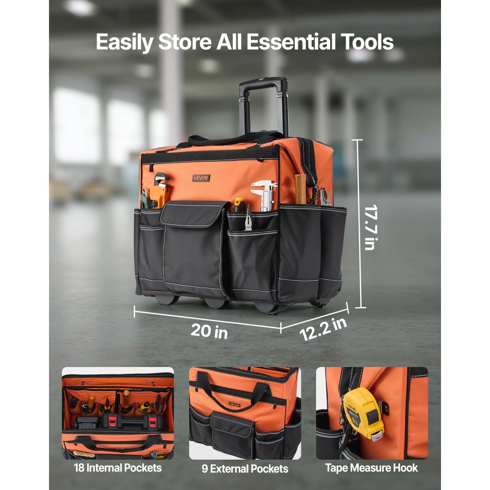 VEVOR Rolling Tool Bag, 110 lbs Load Capacity, 27 Pockets Heavy Duty Roller Tool Bag on Wheels, Adjustable Telescoping Handle & Stable Base, Toolbag Organizers with Wheels for Construction, Mechanic