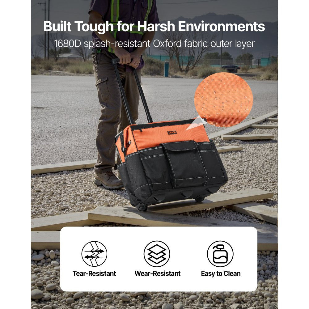 VEVOR Rolling Tool Bag, 110 lbs Load Capacity, 27 Pockets Heavy Duty Roller Tool Bag on Wheels, Adjustable Telescoping Handle & Stable Base, Toolbag Organizers with Wheels for Construction, Mechanic