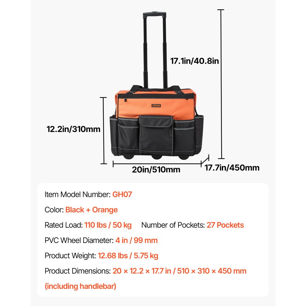VEVOR Rolling Tool Bag, 110 lbs Load Capacity, 27 Pockets Heavy Duty Roller Tool Bag on Wheels, Adjustable Telescoping Handle & Stable Base, Toolbag Organizers with Wheels for Construction, Mechanic