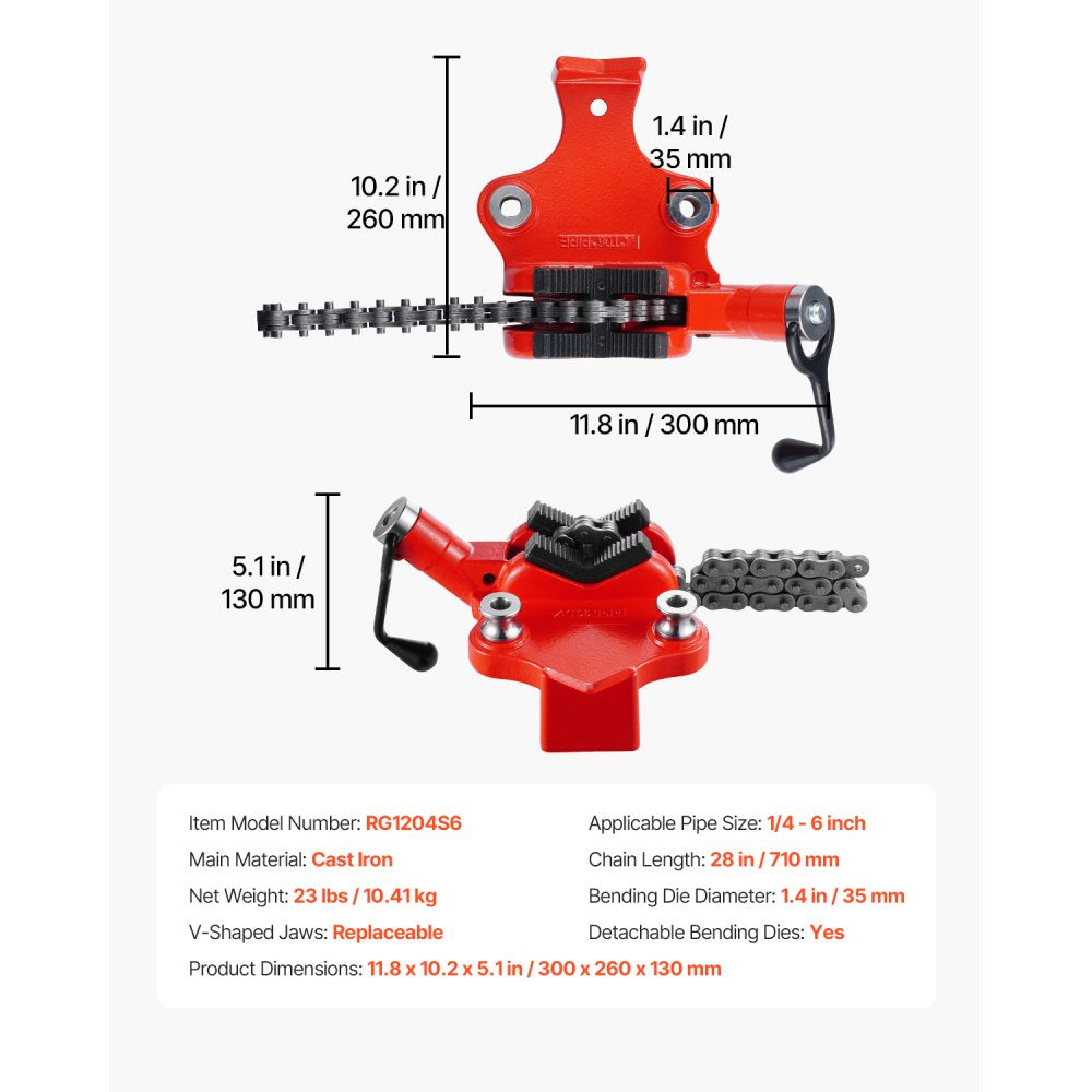 VEVOR Heavy-Duty Pipe Chain Vise, 1/4" - 6" Pipe Capacity, 28" Rugged Chain & Cast Iron Base, Industrial-Grade Pipe Clamping for Plumbing, Automotive Repairs, Metalworking