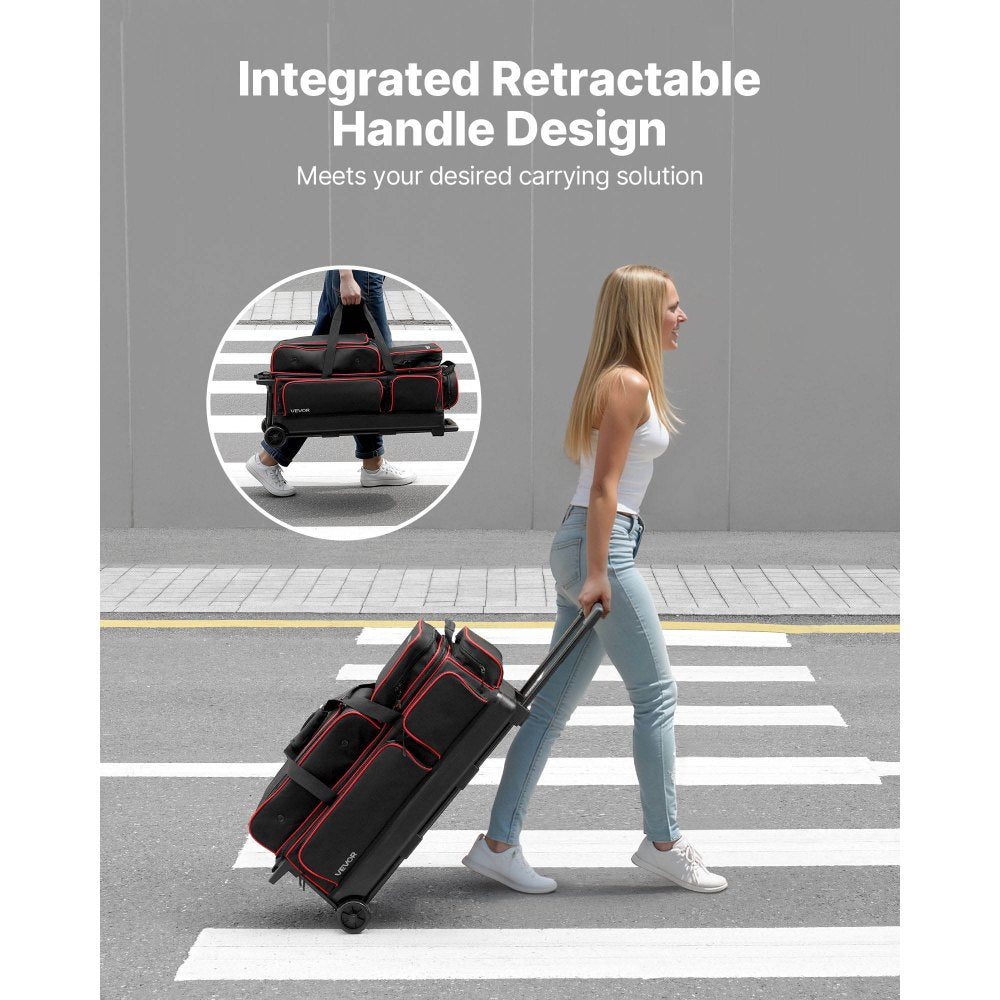 VEVOR Bowling Ball Bag, 3 Ball Double Roller Bowling Bag with Wheels, Featuring a Separate Compartment for Shoes (Up To US Size 16) & Oversized Accessory Pocket, Retractable Handle Extends to 41.34 in