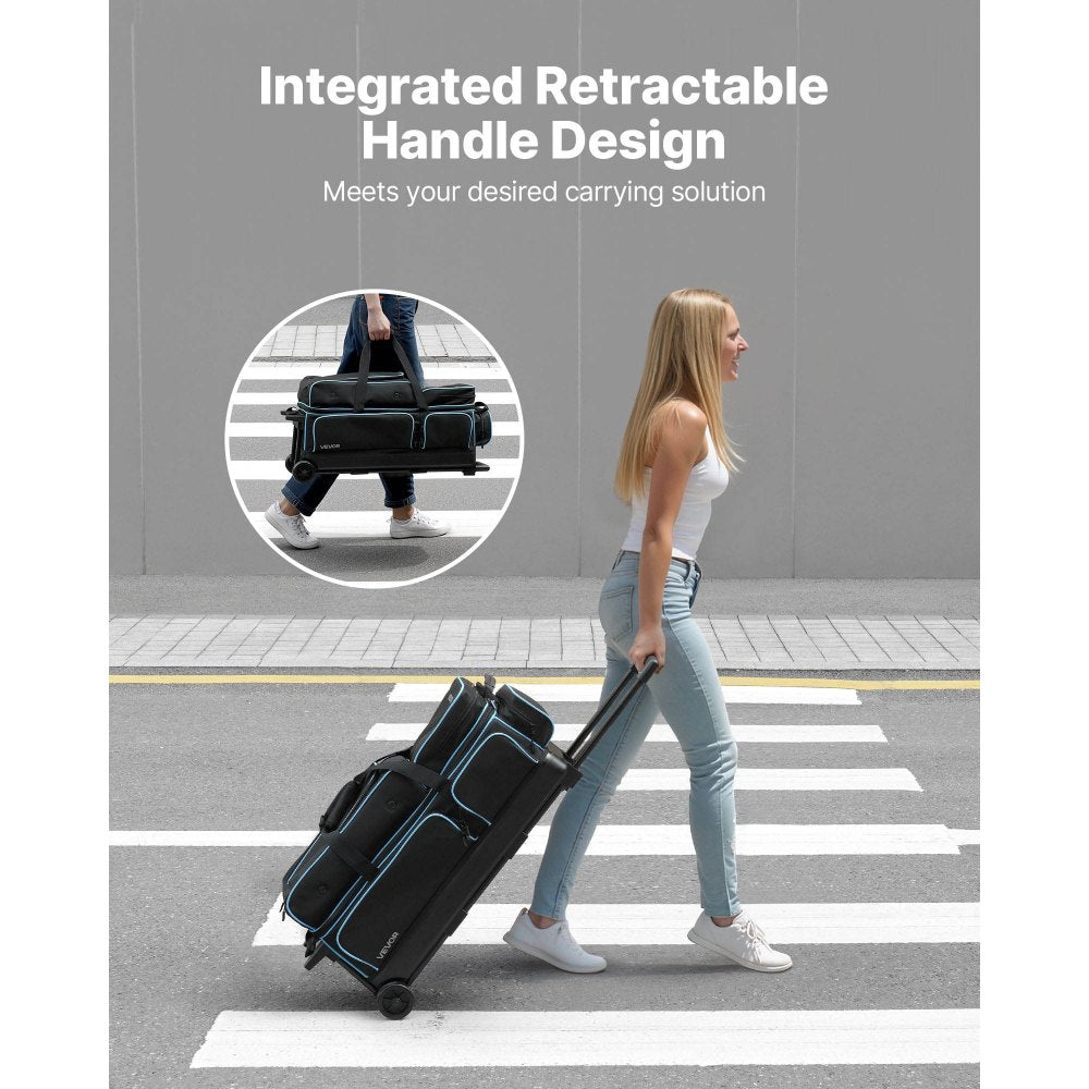 VEVOR Bowling Ball Bag, 3 Ball Double Roller Bowling Bag with Wheels, Featuring a Separate Compartment for Shoes (Up To US Size 16) & Oversized Accessory Pocket, Retractable Handle Extends to 41.34 in
