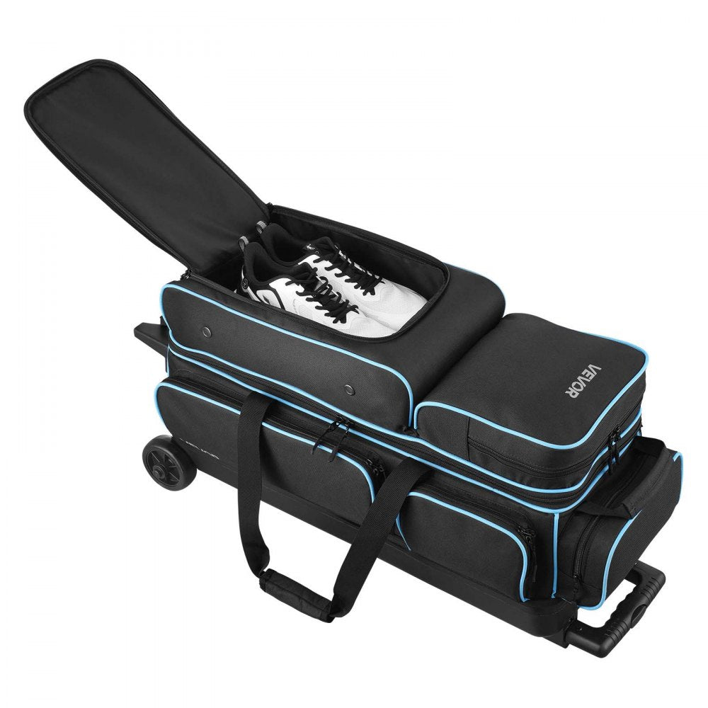 VEVOR Bowling Ball Bag, 3 Ball Double Roller Bowling Bag with Wheels, Featuring a Separate Compartment for Shoes (Up To US Size 16) & Oversized Accessory Pocket, Retractable Handle Extends to 41.34 in