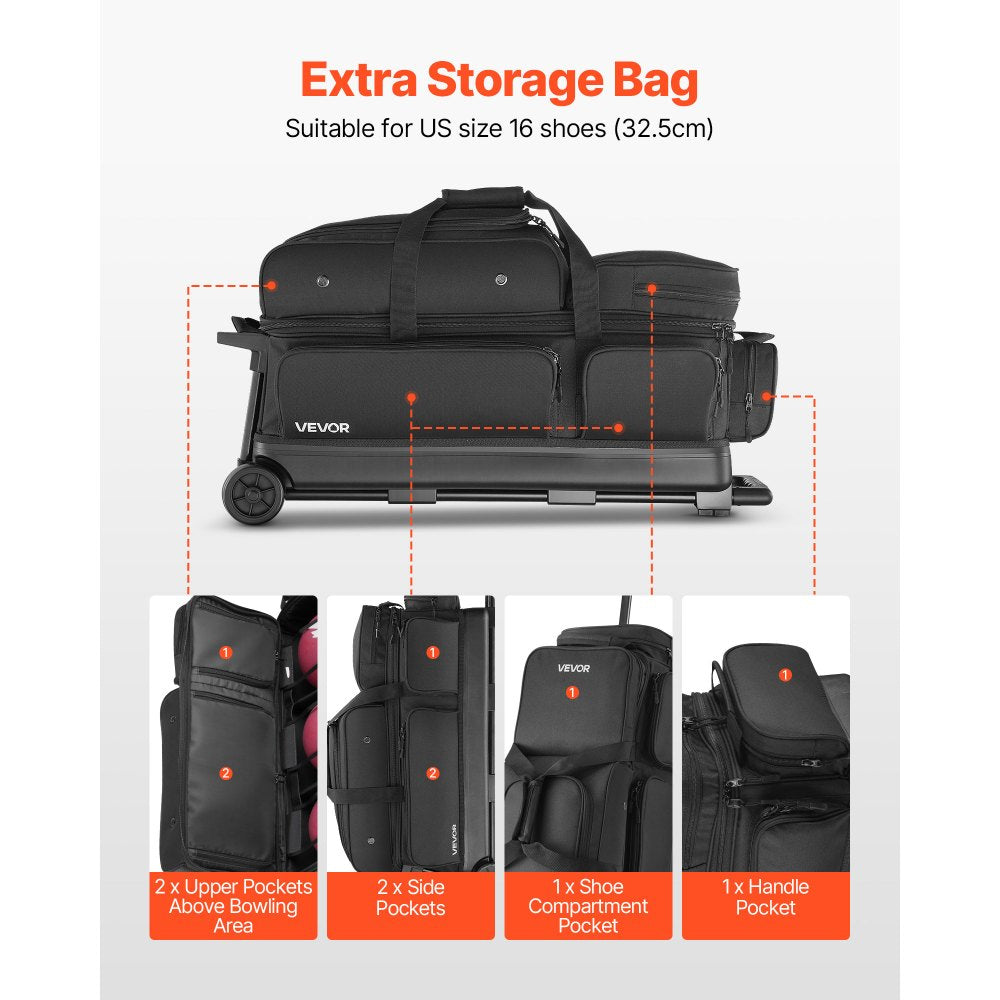 VEVOR Bowling Ball Bag, 3 Ball Double Roller Bowling Bag with Wheels, Featuring a Separate Compartment for Shoes (Up To US Size 16) & Oversized Accessory Pocket, Retractable Handle Extends to 41.34 in