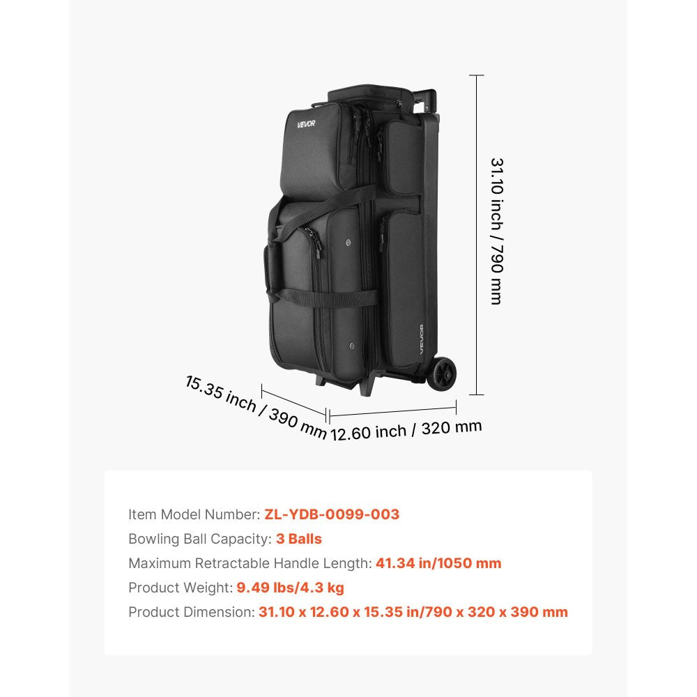 VEVOR Bowling Ball Bag, 3 Ball Double Roller Bowling Bag with Wheels, Featuring a Separate Compartment for Shoes (Up To US Size 16) & Oversized Accessory Pocket, Retractable Handle Extends to 41.34 in