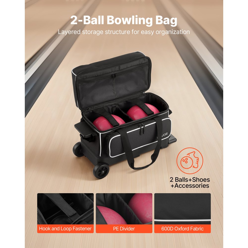 VEVOR Bowling Ball Bag, 2 Ball Double Roller Bowling Bag with Wheels, Featuring a Separate Compartment for Shoes (Up To US Size 16) & Oversized Accessory Pocket, Retractable Handle Extends to 41.32 in