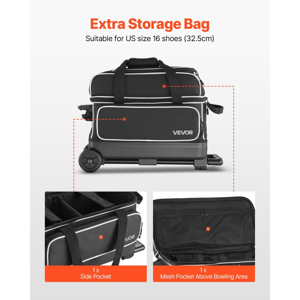 VEVOR Bowling Ball Bag, 2 Ball Double Roller Bowling Bag with Wheels, Featuring a Separate Compartment for Shoes (Up To US Size 16) & Oversized Accessory Pocket, Retractable Handle Extends to 41.32 in