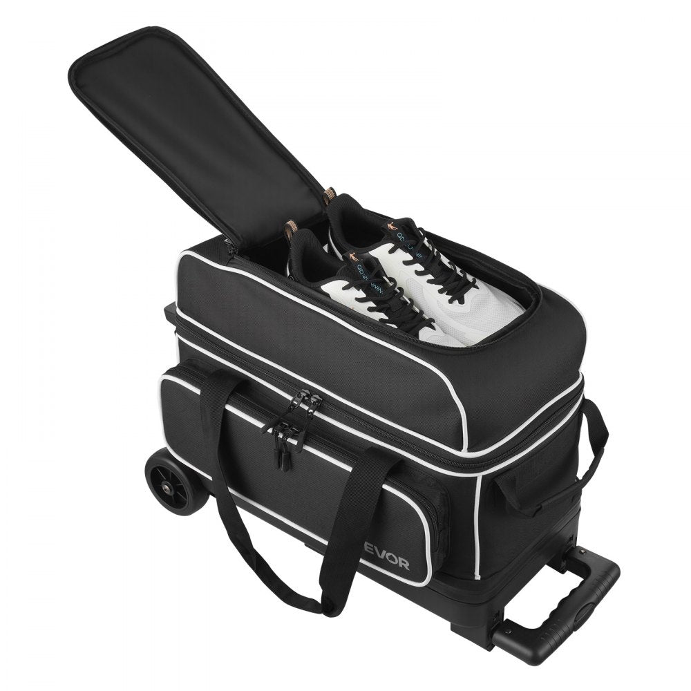 VEVOR Bowling Ball Bag, 2 Ball Double Roller Bowling Bag with Wheels, Featuring a Separate Compartment for Shoes (Up To US Size 16) & Oversized Accessory Pocket, Retractable Handle Extends to 41.32 in