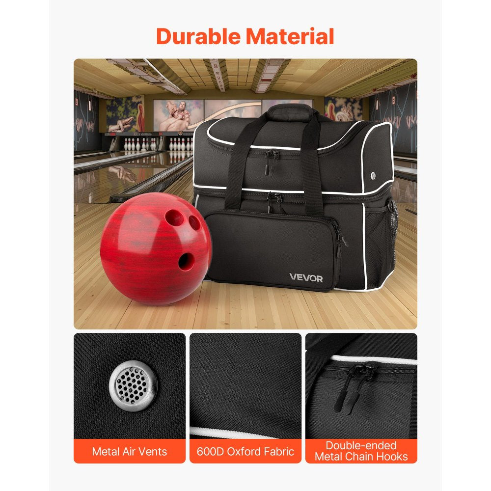VEVOR Bowling Ball Bag, 2 Ball Four Roller Bowling Bag with Wheels, Featuring a Separate Compartment for Shoes (Up To US Size 16) & Oversized Accessory Pocket, Retractable Handle Extends to 37.4 in