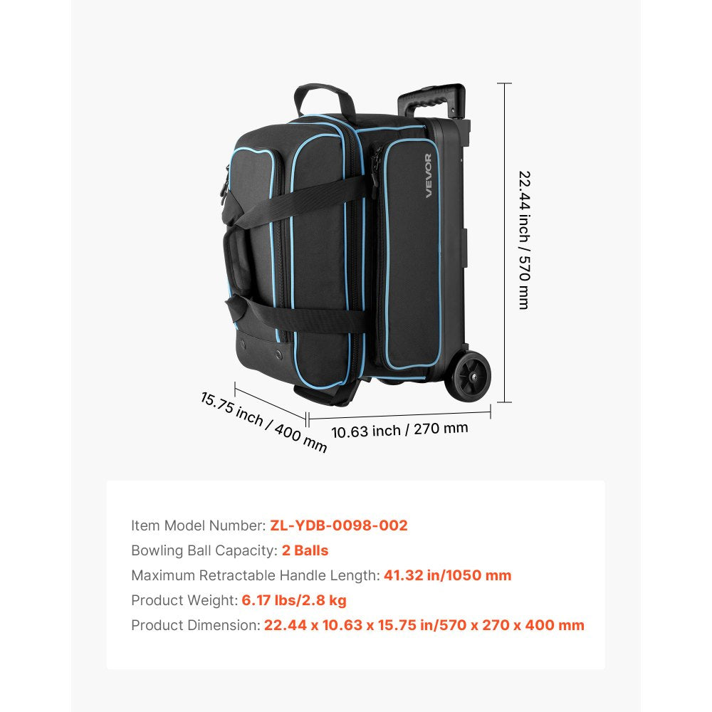 VEVOR Bowling Ball Bag, 2 Ball Double Roller Bowling Bag with Wheels, Featuring a Separate Compartment for Shoes (Up To US Size 16) & Oversized Accessory Pocket, Retractable Handle Extends to 41.32 in