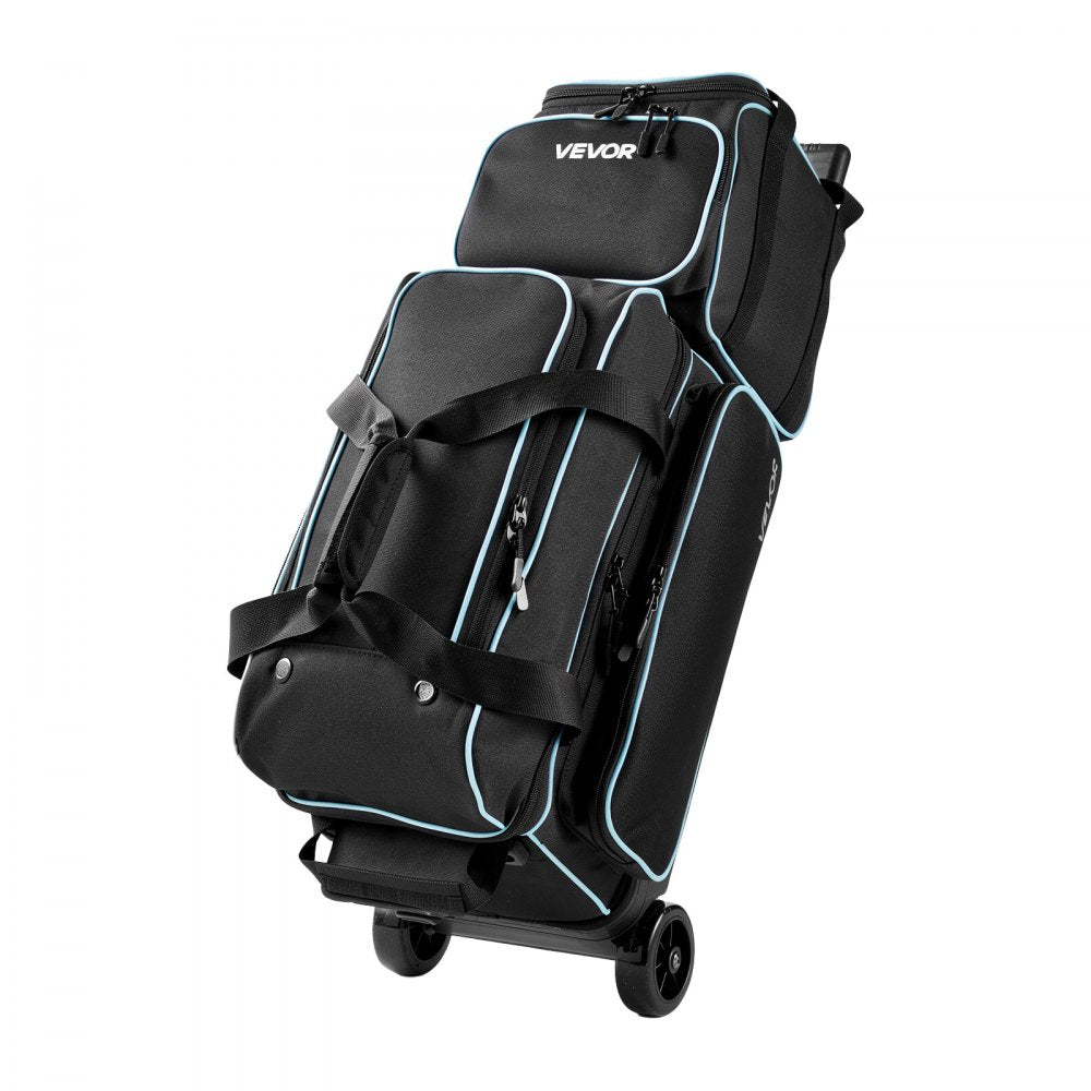 VEVOR 3 Ball Bowling Bag Double Roller Bag with Separate Shoe Compartment, for Bowling Shoes (Up To US Men Size 16), Rolling Ball Bag w/ Wheel, Accessory Pocket, Retractable Handle Extends to 40 in