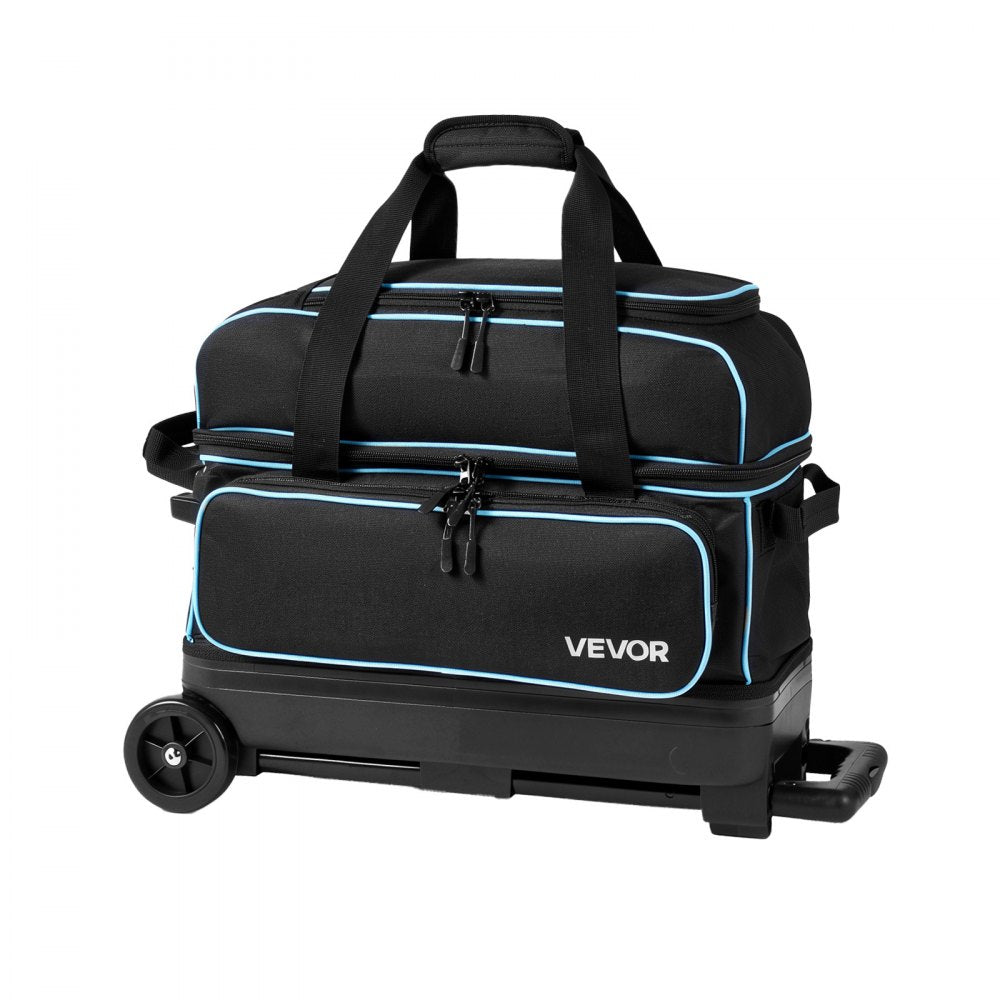 VEVOR 3 Ball Bowling Bag Double Roller Bag with Separate Shoe Compartment, for Bowling Shoes (Up To US Men Size 16), Rolling Ball Bag w/ Wheel, Accessory Pocket, Retractable Handle Extends to 40 in
