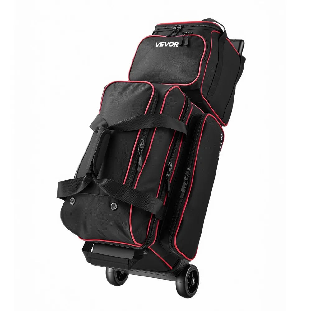 VEVOR 3 Ball Bowling Bag Double Roller Bag with Separate Shoe Compartment, for Bowling Shoes (Up To US Men Size 16), Rolling Ball Bag w/ Wheel, Accessory Pocket, Retractable Handle Extends to 40 in