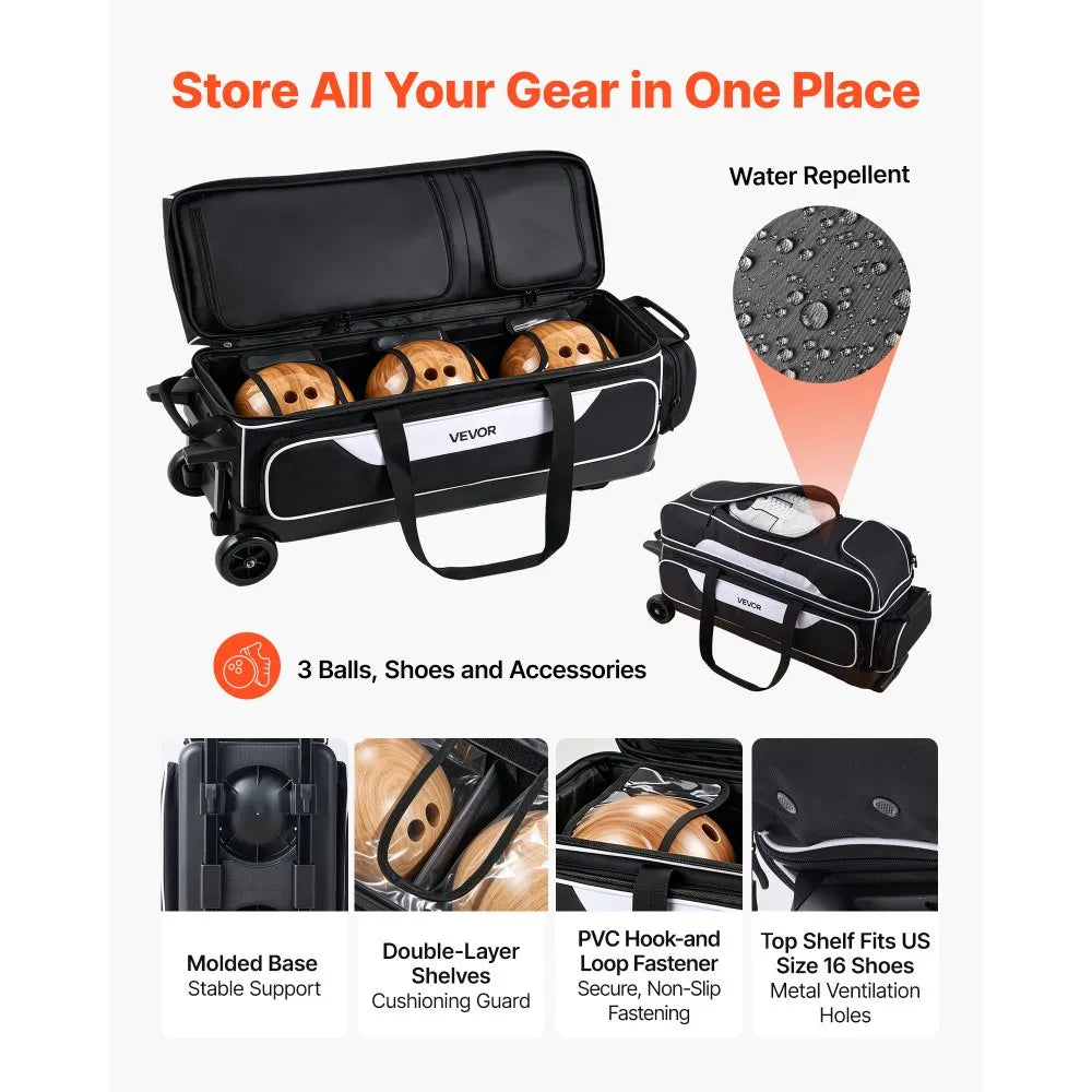 VEVOR 3 Ball Bowling Bag Double Roller Bag with Separate Shoe Compartment, for Bowling Shoes (Up To US Men Size 16), Rolling Ball Bag w/ Wheel, Accessory Pocket, Retractable Handle Extends to 40 in