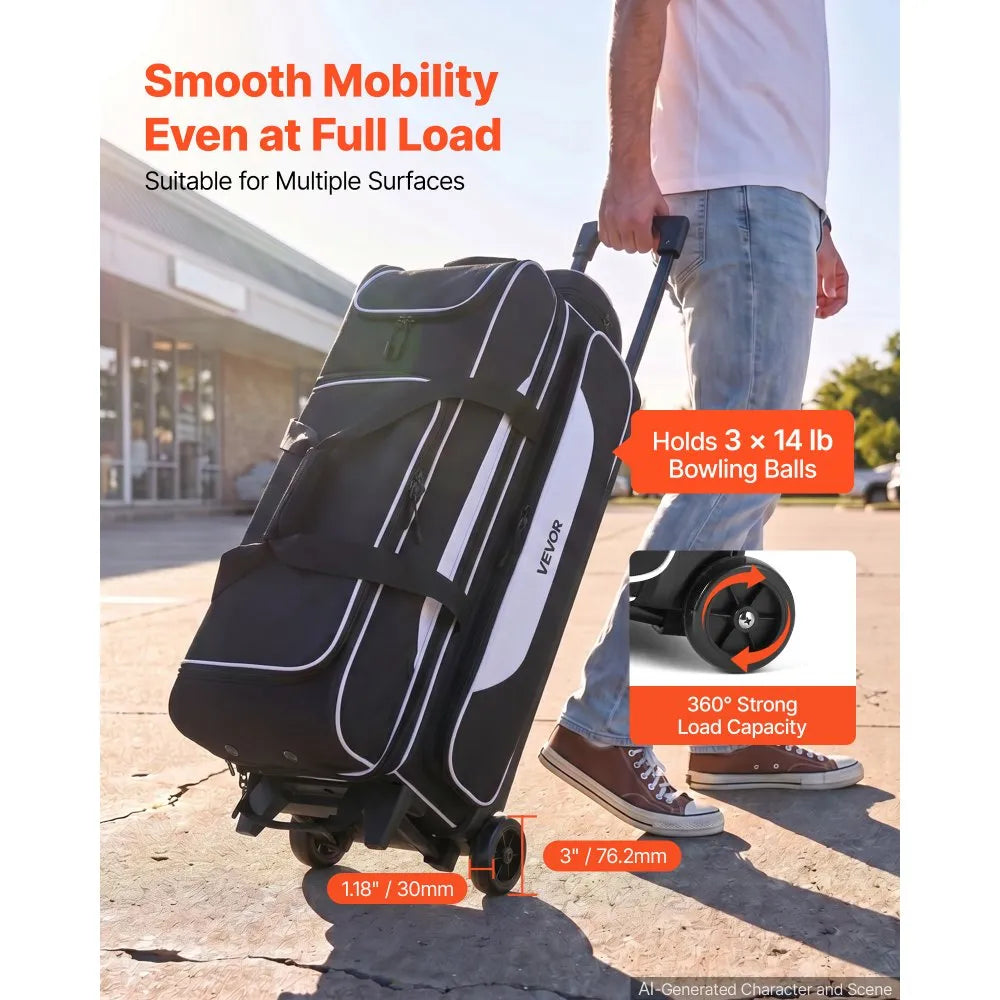 VEVOR 3 Ball Bowling Bag Double Roller Bag with Separate Shoe Compartment, for Bowling Shoes (Up To US Men Size 16), Rolling Ball Bag w/ Wheel, Accessory Pocket, Retractable Handle Extends to 40 in