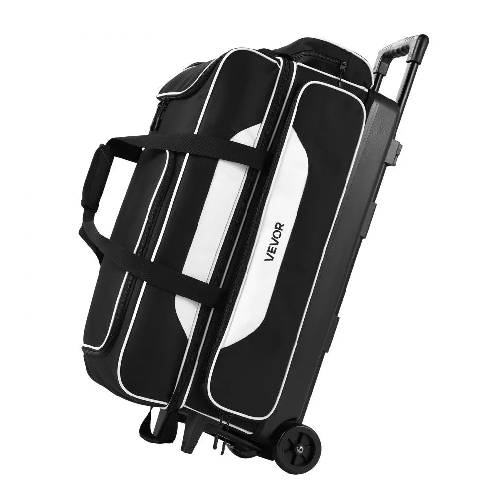 VEVOR 3 Ball Bowling Bag Double Roller Bag with Separate Shoe Compartment, for Bowling Shoes (Up To US Men Size 16), Rolling Ball Bag w/ Wheel, Accessory Pocket, Retractable Handle Extends to 40 in