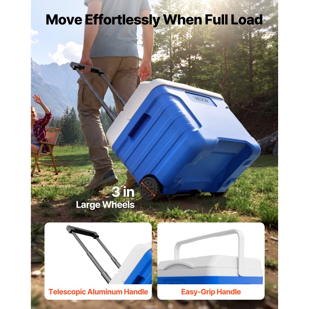 VEVOR Hard Cooler, 21QT Portable Rolling Cooler with Wheels, Leak-Resistant Coolbox Keeps Contents Cool for 48 Hours, Ice Retention Insulated Chests, Ultra-Light for Outdoor Picnics, Grill, Camping