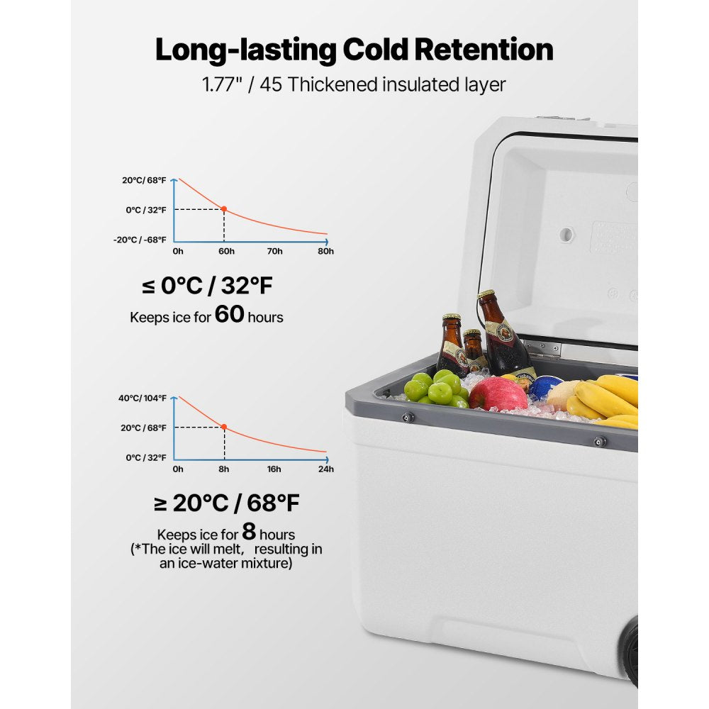 VEVOR Portable Cooler, 45 QT Wheeled Cooler with Ice Retention, Heavy-Duty Handles and Cup Holder, Lightweight Rigid Material Insulated Portable Cooler, Suitable for Family Picnics and Long Trips