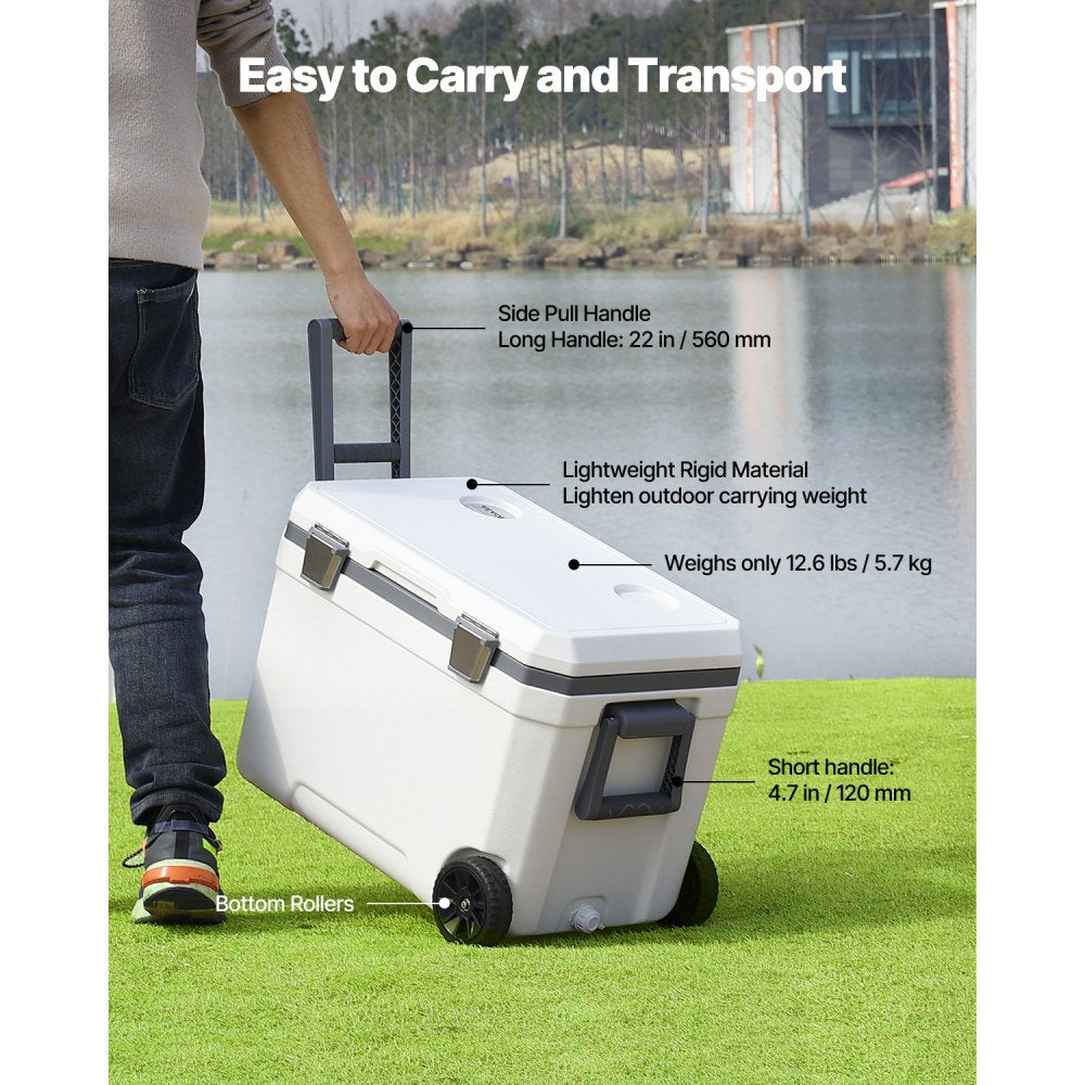 VEVOR Portable Cooler, 45 QT Wheeled Cooler with Ice Retention, Heavy-Duty Handles and Cup Holder, Lightweight Rigid Material Insulated Portable Cooler, Suitable for Family Picnics and Long Trips