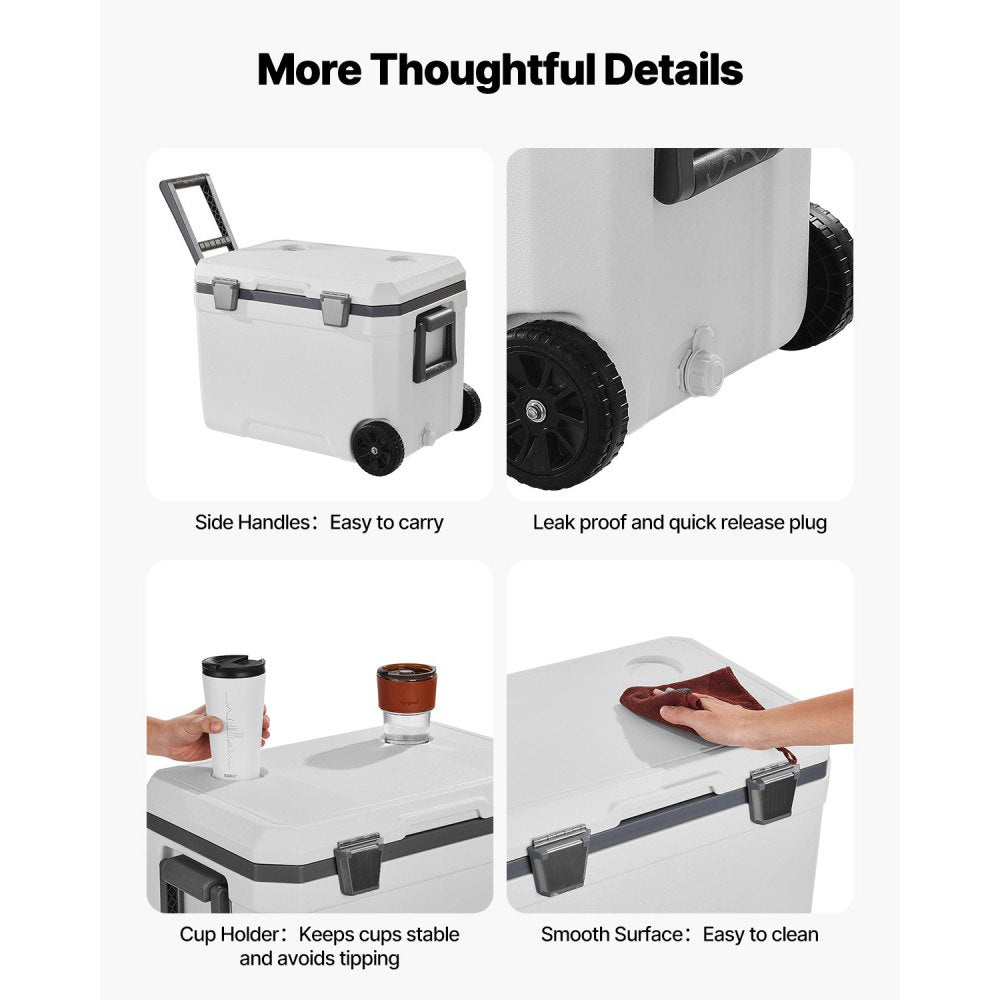VEVOR Portable Cooler, 45 QT Wheeled Cooler with Ice Retention, Heavy-Duty Handles and Cup Holder, Lightweight Rigid Material Insulated Portable Cooler, Suitable for Family Picnics and Long Trips