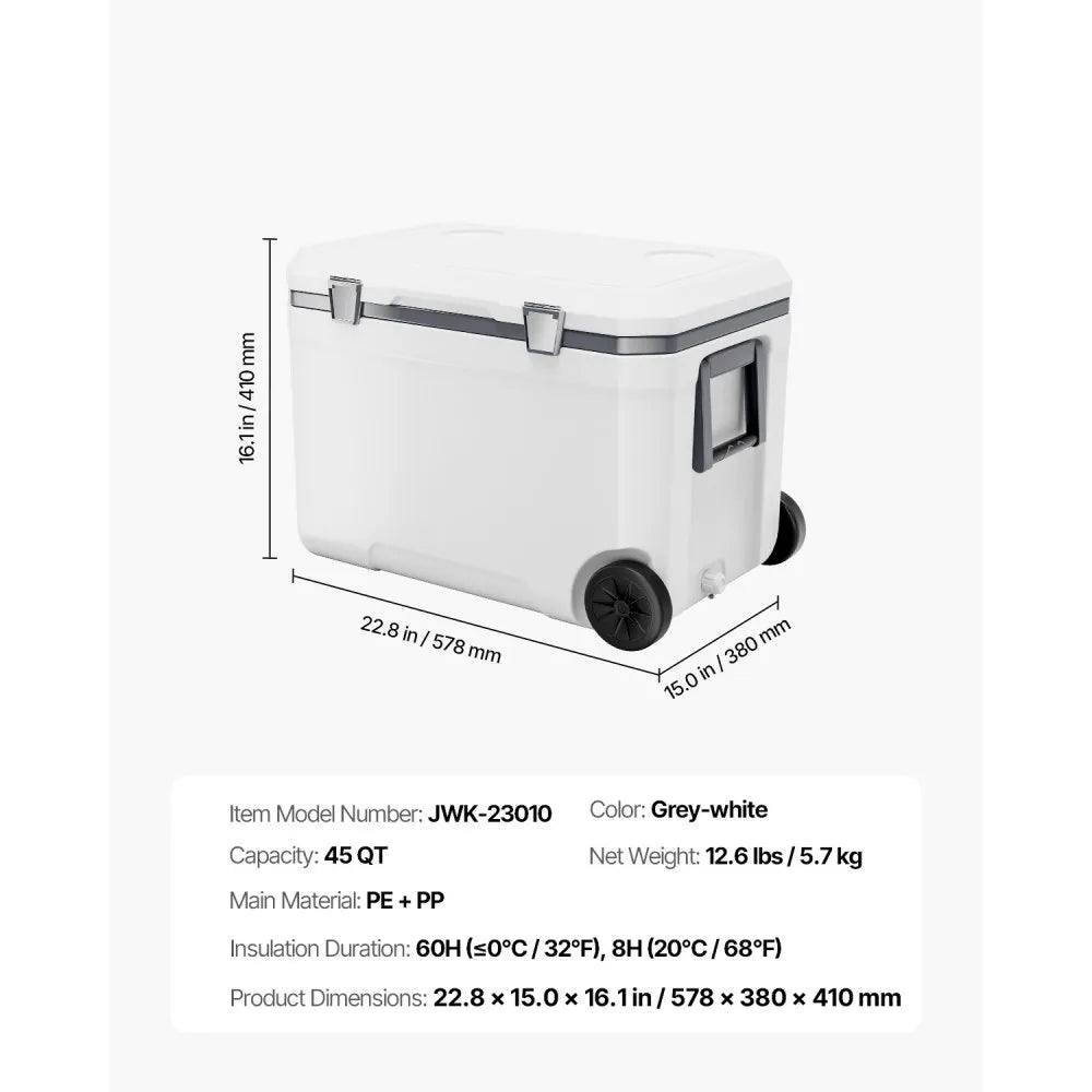 VEVOR Portable Cooler, 45 QT Wheeled Cooler with Ice Retention, Heavy-Duty Handles and Cup Holder, Lightweight Rigid Material Insulated Portable Cooler, Suitable for Family Picnics and Long Trips