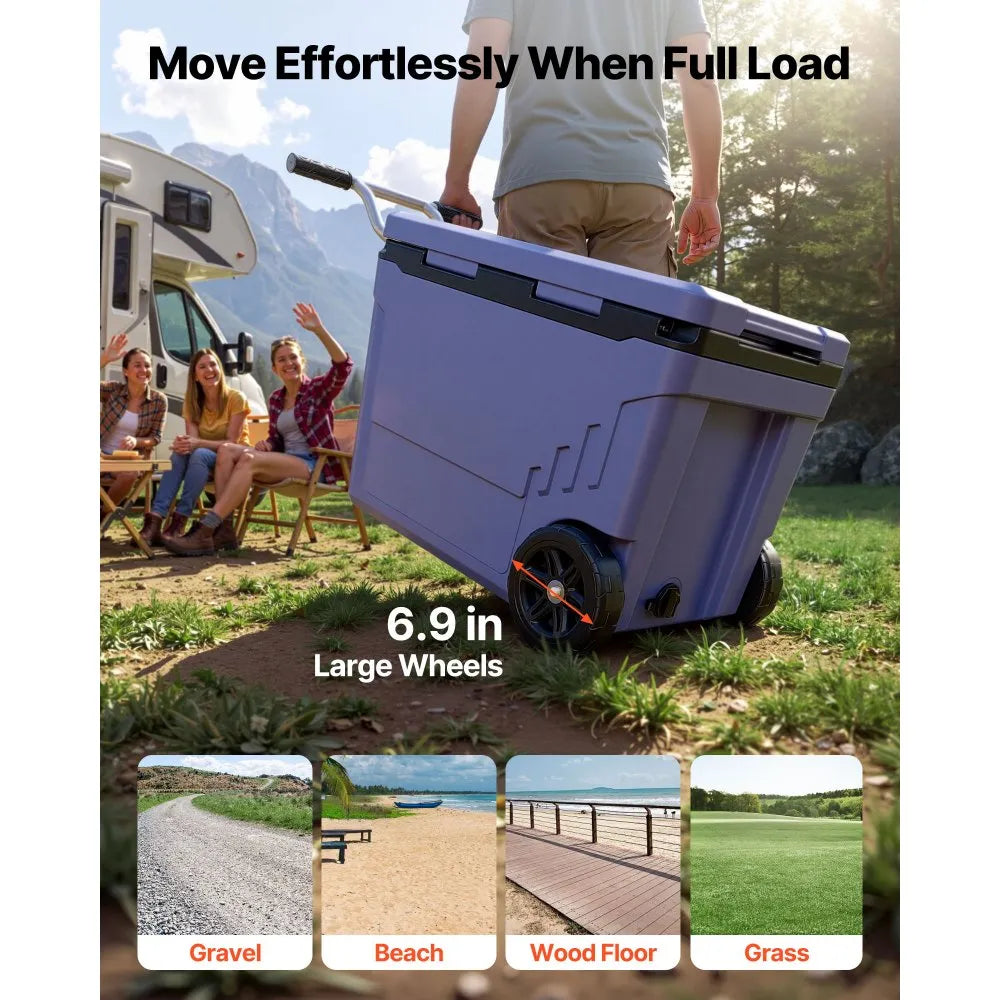 VEVOR Hard Cooler, 45QT Portable Rolling Cooler with Wheels, Leak-Resistant Coolbox Keeps Contents Cool for 48 Hours, Ice Retention Insulated Chests, Ultra-Light for Outdoor Picnics, Grill, Camping