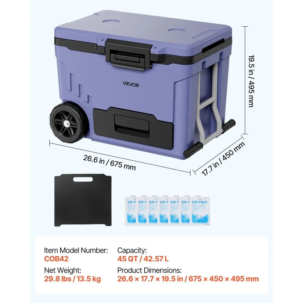 VEVOR Hard Cooler, 45QT Portable Rolling Cooler with Wheels, Leak-Resistant Coolbox Keeps Contents Cool for 48 Hours, Ice Retention Insulated Chests, Ultra-Light for Outdoor Picnics, Grill, Camping