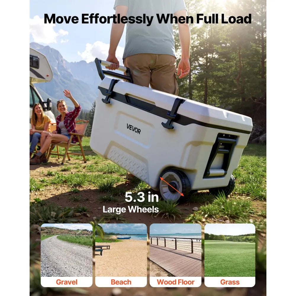 VEVOR Hard Cooler, 52QT Portable Rolling Cooler with Wheels, Leak-Resistant Coolbox Keeps Contents Cool for 48 Hours, Ice Retention Insulated Chests, Ultra-Light for Outdoor Picnics, Grill, Camping