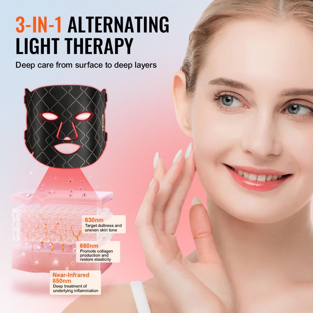 VEVOR Red Light Therapy for Face, Red Light Therapy Mask with 3 Wavelengths and 3 Intensity Levels, LED Face Mask Light Therapy, Portable Facial Skin Care Device for Skin Health, Anti Aging Wrinkles