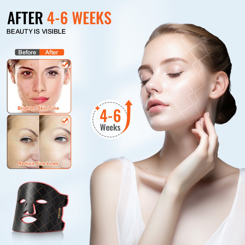 VEVOR Red Light Therapy for Face, Red Light Therapy Mask with 3 Wavelengths and 3 Intensity Levels, LED Face Mask Light Therapy, Portable Facial Skin Care Device for Skin Health, Anti Aging Wrinkles