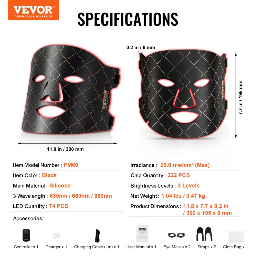 VEVOR Red Light Therapy for Face, Red Light Therapy Mask with 3 Wavelengths and 3 Intensity Levels, LED Face Mask Light Therapy, Portable Facial Skin Care Device for Skin Health, Anti Aging Wrinkles