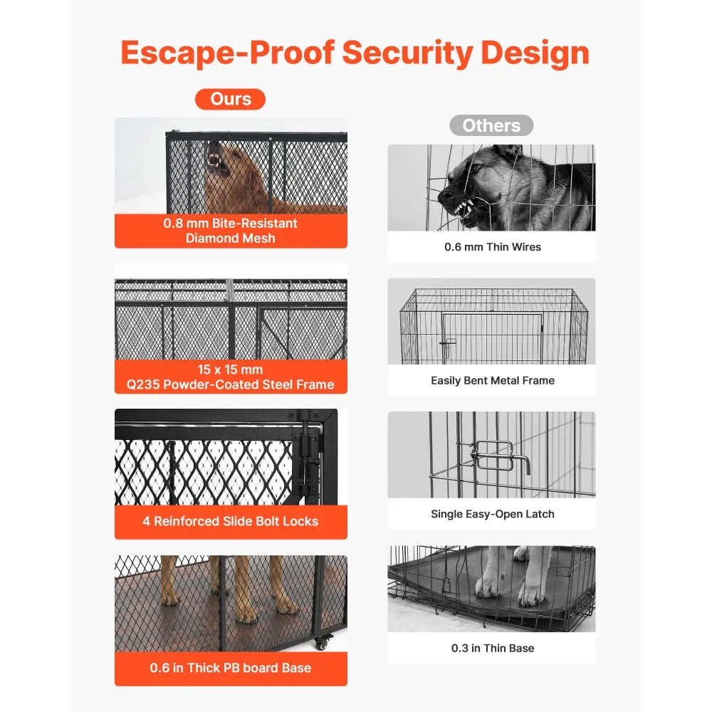 VEVOR 64 Inch Heavy Duty Dog Crate, Max Load Capacity 300 lbs, Indestructible Escape-Proof Dog Kennel Indoor for High Anxiety Large Breeds, Steel Metal Pet Cage with Double Doors & Lockable Wheels