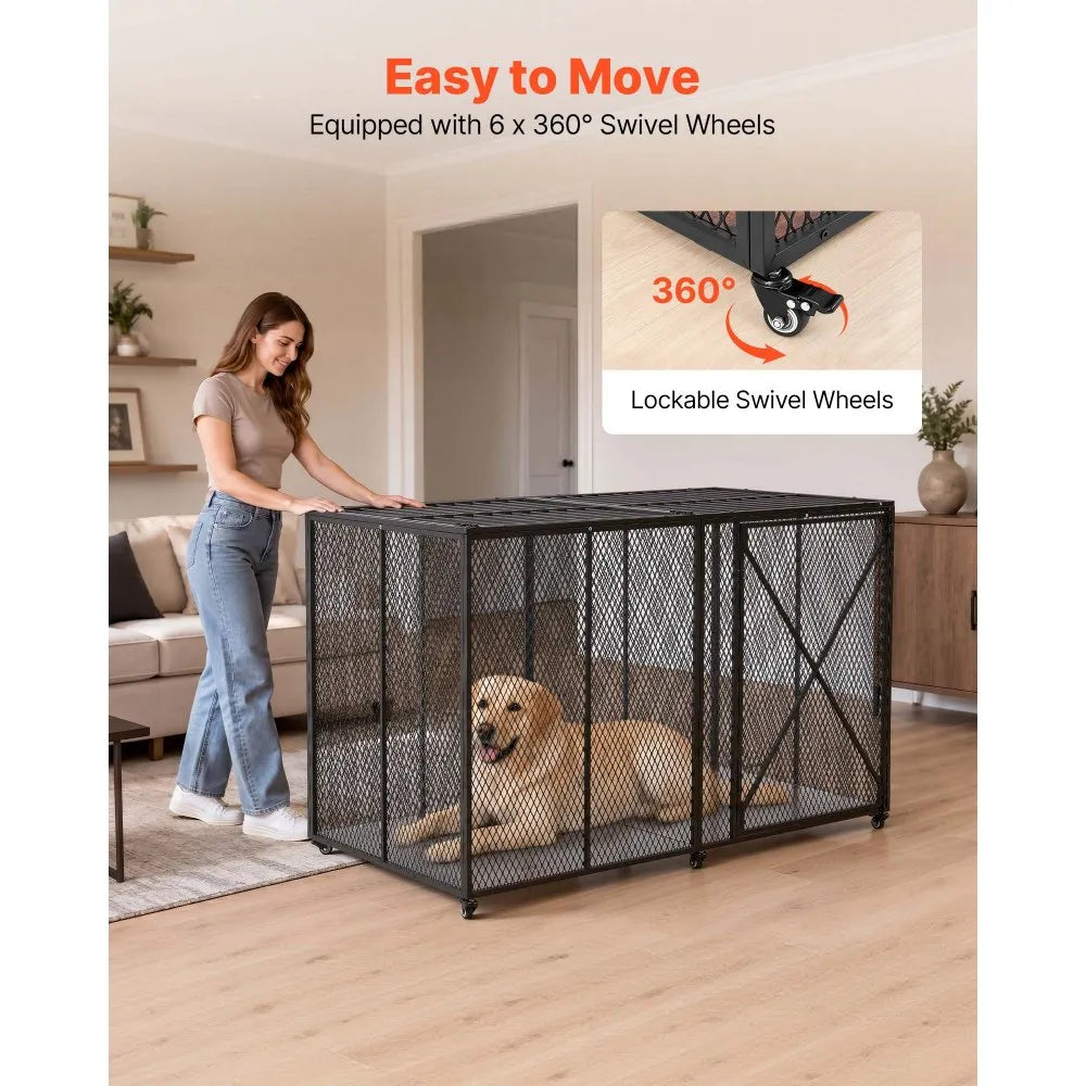 VEVOR 64 Inch Heavy Duty Dog Crate, Max Load Capacity 300 lbs, Indestructible Escape-Proof Dog Kennel Indoor for High Anxiety Large Breeds, Steel Metal Pet Cage with Double Doors & Lockable Wheels