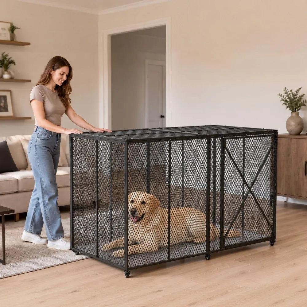 VEVOR 64 Inch Heavy Duty Dog Crate, Max Load Capacity 300 lbs, Indestructible Escape-Proof Dog Kennel Indoor for High Anxiety Large Breeds, Steel Metal Pet Cage with Double Doors & Lockable Wheels